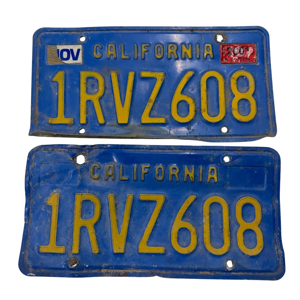 Vintage Pair California Blue License Plates 1RVZ608 Yellow Lettering Decor